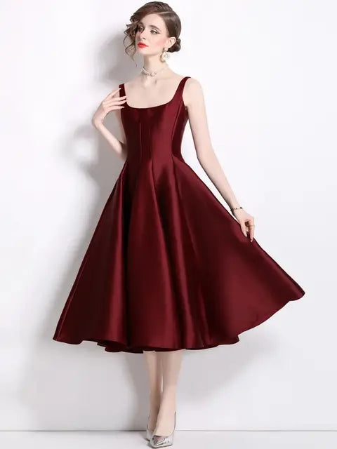 Sexy Evening Thick Satin Women's Spaghetti Strap Party Ball Gown Slash Neck Backless Prom Cocktail Dresses