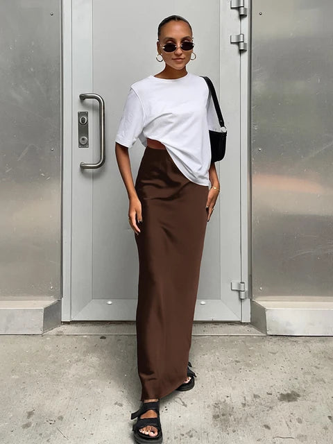 Summer Fall Women Bodycon Solid Black Satin Skirts High Waist Pencil Slim Maxi Skirt For Work Women