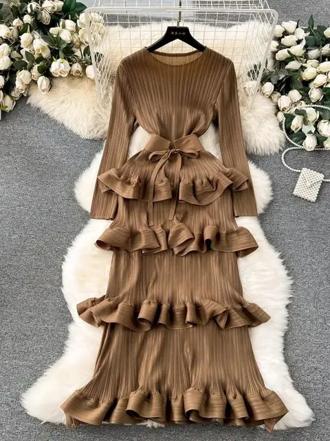Luxury Cascading Ruffles Pleated Dress For Women Long Sleeve Stretch Bandage Belt Evening Prom Cake Clothing