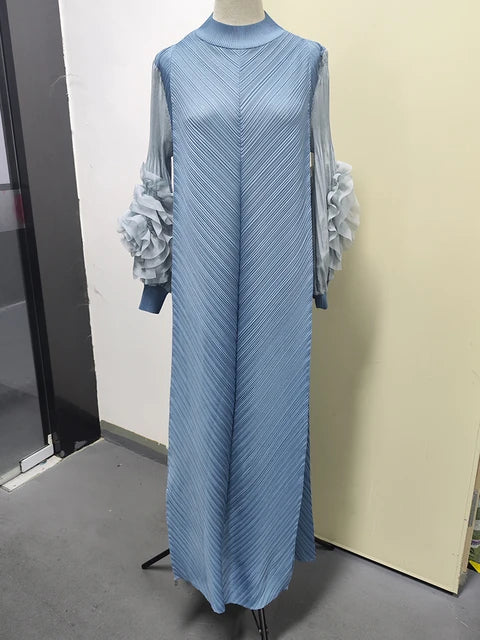 Maxi Pleated Dress Round Neck Spliced Full Sleeve Dresses For Women