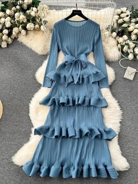 Luxury Cascading Ruffles Pleated Dress For Women Long Sleeve Stretch Bandage Belt Evening Prom Cake Clothing