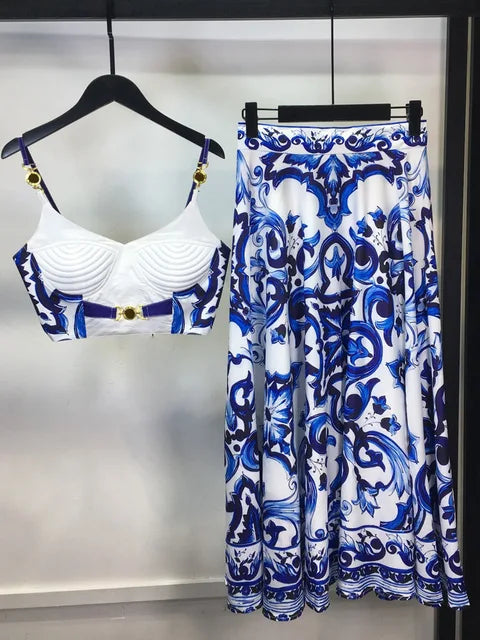 Summer Holiday Blue And White Porcelain Two Piece Set Women's Spaghetti Strap Padded Cup Zipper Print Short Top Long Skirt Suits