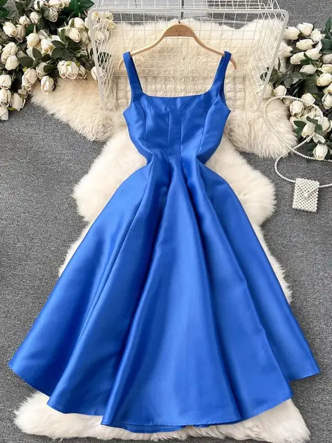 Sexy Evening Thick Satin Women's Spaghetti Strap Party Ball Gown Slash Neck Backless Prom Cocktail Dresses