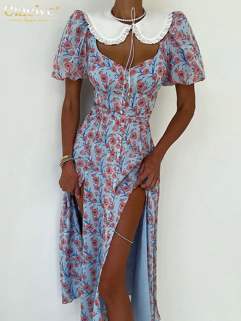 Summer Slim Print Midi Dress Lady Sexy Elegant Doll Collar Puff Sleeve Slit Party Dresses For Women