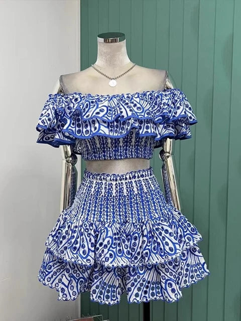 Summer Holiday Embroidery 2 Pieces Sets Women Slash Neck Layered Ruffles Elastic Cut Out Top Mini Skirt Suits Hollow Out Outfits