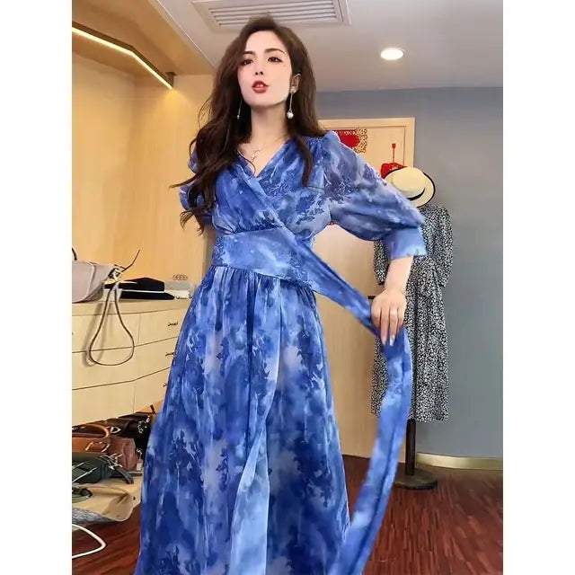 Office Lady Puff Sleeve Floral Dress Loose Waist With Bandage New Women's Summer Dresses Elegant Casual Midi