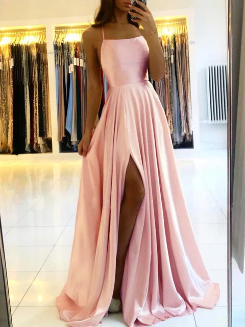 Satin Green Prom Dress Straight Neckline Structured Bodice Low Open Tie Lace Up Back long Satin A-line Gown