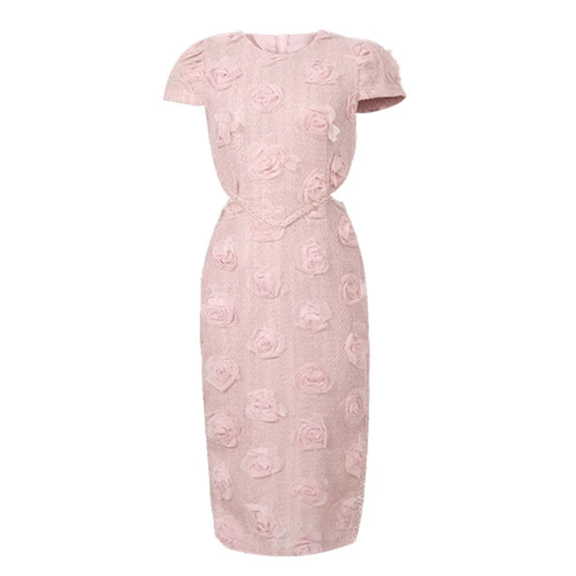 Cocktail Party Knitted Sweet Floral Evening Dress Women Clothes Elegant Sexy Hollow O-Neck Short Sleeve Skinny Midi Party Birthday