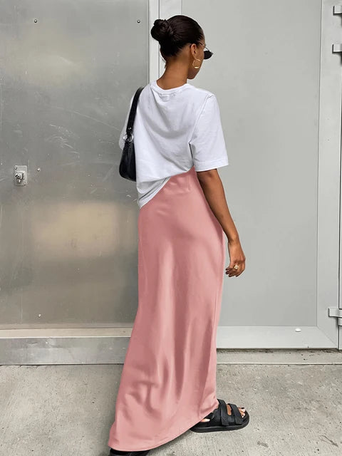 Summer Fall Women Bodycon Solid Black Satin Skirts High Waist Pencil Slim Maxi Skirt For Work Women