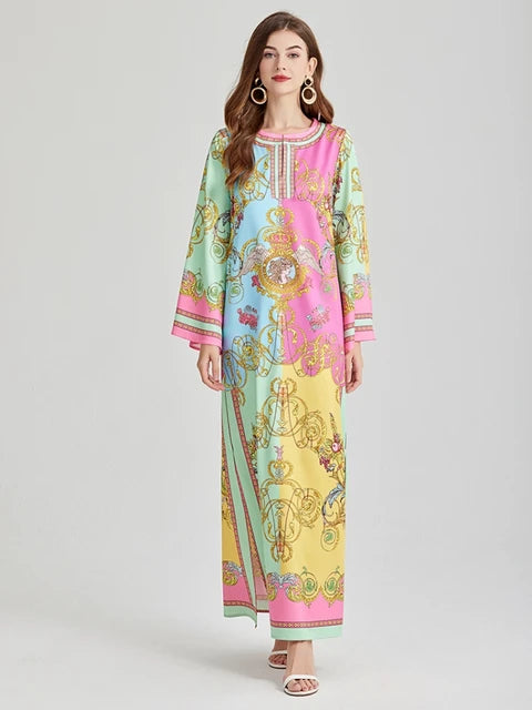 Fashion Bohemian Holiday Loose Maxi Dresses For Women Long Sleeve O Neck Flower Print Side Split