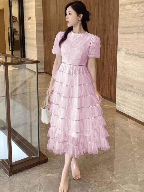 Summer Fairy Princess Mesh Sequined Embroidery Cascading Ruffles Layer Cake Dress Women Clothing Evening