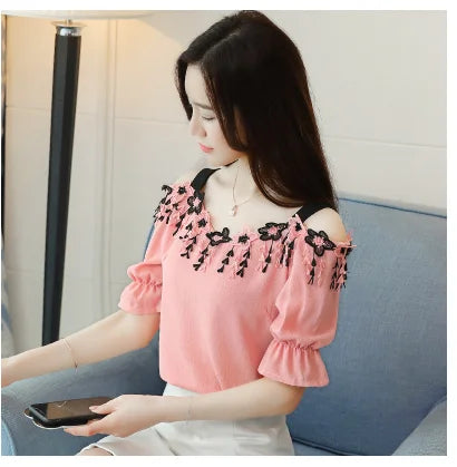 Women Summer Blouses Short Sleeve Chiffon Shirt Sexy Slash Neck Off Shoulder Top