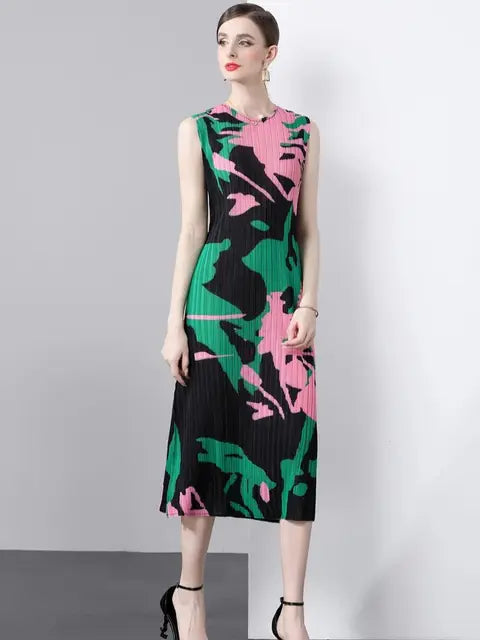 Summer Holiday Floral Print Long Pleated Dress Women Clothing Sleeveless High Stretch Straight Draped Loose Robe