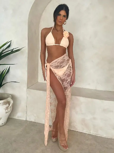 Fashion Sexy Solid Three Piece Bikini Set Padded Bra Tassel High Waist Beach Skirt Swimwear Summer Beach Holiday Bathing Suit