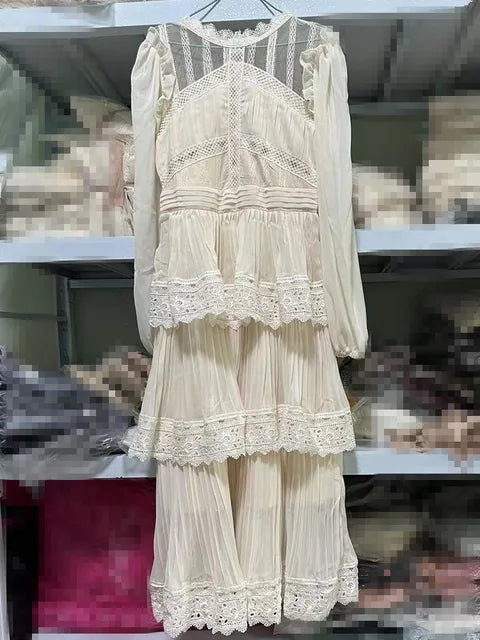 Vintage Woman Summer Dress Ladies Puff Short Sleeve O-Neck Beige Elegant Party Dresses