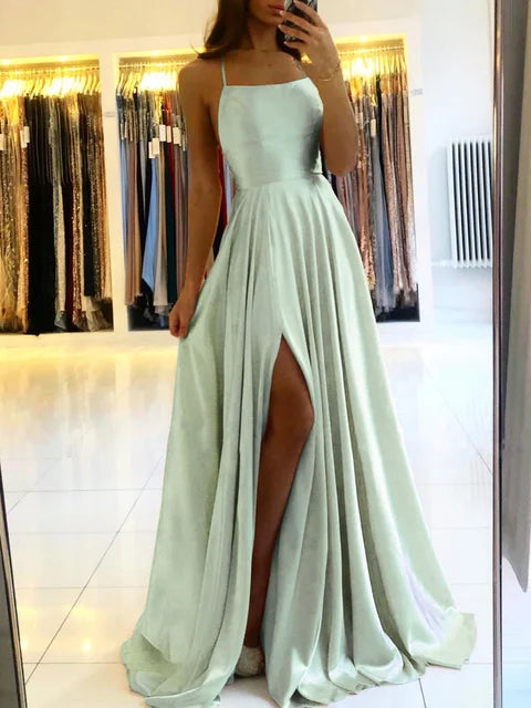 Burgundy Satin Maxi Flared Bridesmaid Dress Slit Sexy Open Back A Line Wedding Evening Gown with Train
