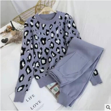 Women's Long Sleeve Knit Leopard Pullover Sweaters Elastic Waist Pants Sets Fashion Trousers Two Pieces