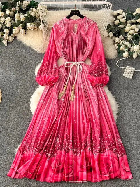 Spring Print Long Dress For Women Fashion Loose Lantern Sleeve Party Female Big Swing Tassels Belt Pleated