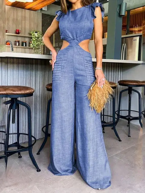 New Summer Solid Women Jumpsuit Sleeveless O-neck Naked Waist Wide Leg Long Pant Bodysuit Casual Streetwear