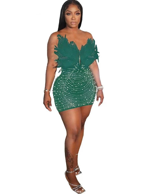 Holiday Party Sexy Feathers Rhinestones Backless Diamond Sheer Mesh Bodycon Dresses for Woman Rave Club Birthday Party Night