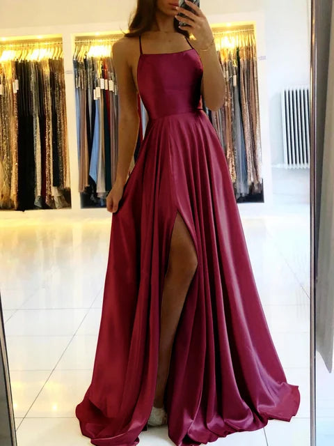 Satin Green Prom Dress Straight Neckline Structured Bodice Low Open Tie Lace Up Back long Satin A-line Gown