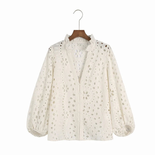 Embroidered Blouse Women Fashion Long Sleeve Blusas Fitted Clothing Female Shirt Slim Lady Top Work Wears