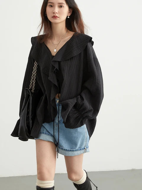 Women Shirt Loose Ruffled Edges Female Blouses V Neck Lace Up Mid Length Woman Shirts Spring Summer