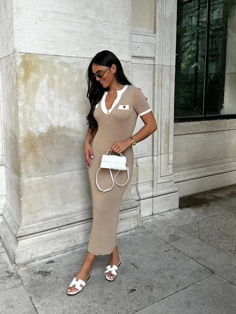 Elegant V Neck Denim Patchwork Knitted Long Dress Women Fashion Short Sleeved Buttons Bodycon Dresses Office Lady