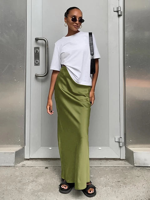 Summer Fall Women Bodycon Solid Black Satin Skirts High Waist Pencil Slim Maxi Skirt For Work Women