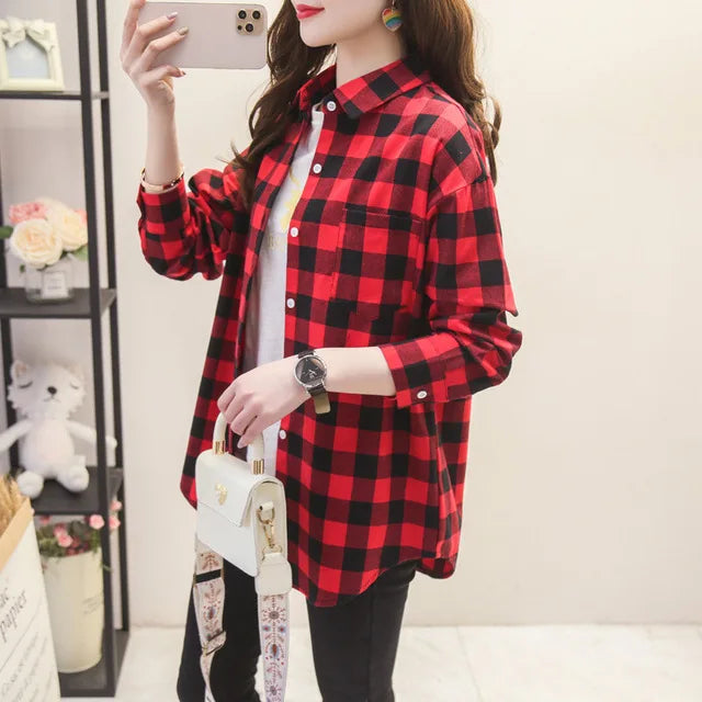 Fall New Loose Womens Plaid Shirt Brand Excellent Quality Blouses and Tops Female Long Sleeve Shirts