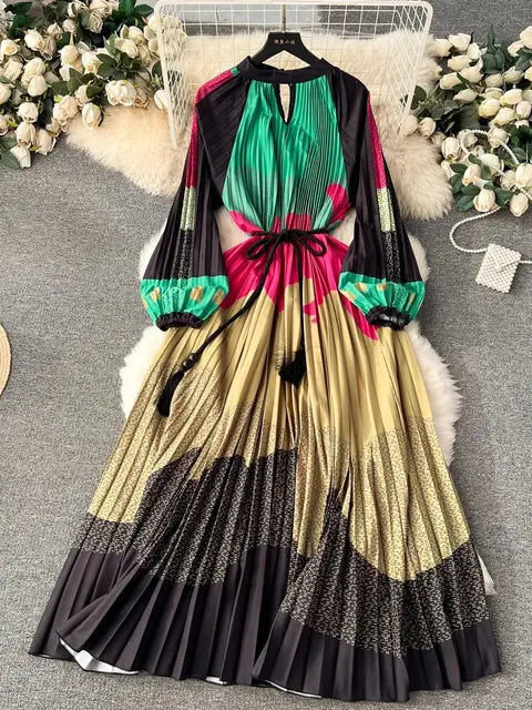 Spring Print Long Dress For Women Fashion Loose Lantern Sleeve Party Female Big Swing Tassels Belt Pleated