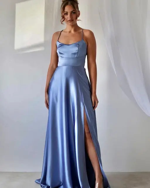 Burgundy Satin Maxi Flared Bridesmaid Dress Slit Sexy Open Back A Line Wedding Evening Gown with Train