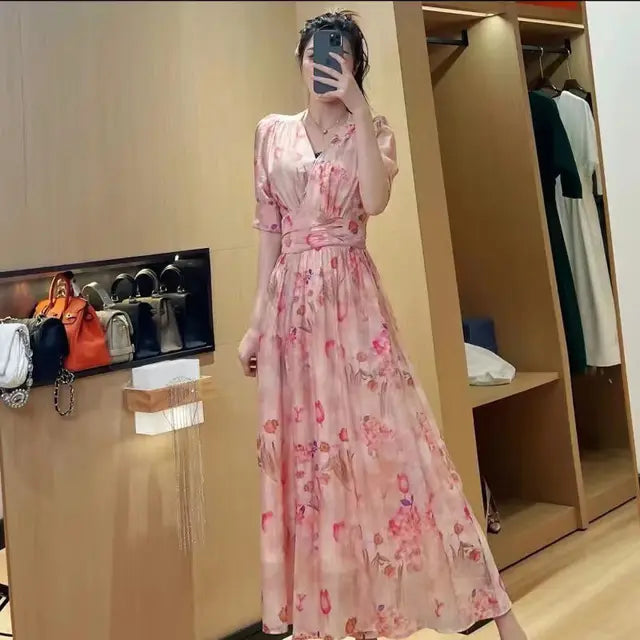 Office Lady Puff Sleeve Floral Dress Loose Waist With Bandage New Women's Summer Dresses Elegant Casual Midi
