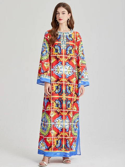 Fashion Bohemian Holiday Loose Maxi Dresses For Women Long Sleeve O Neck Flower Print Side Split