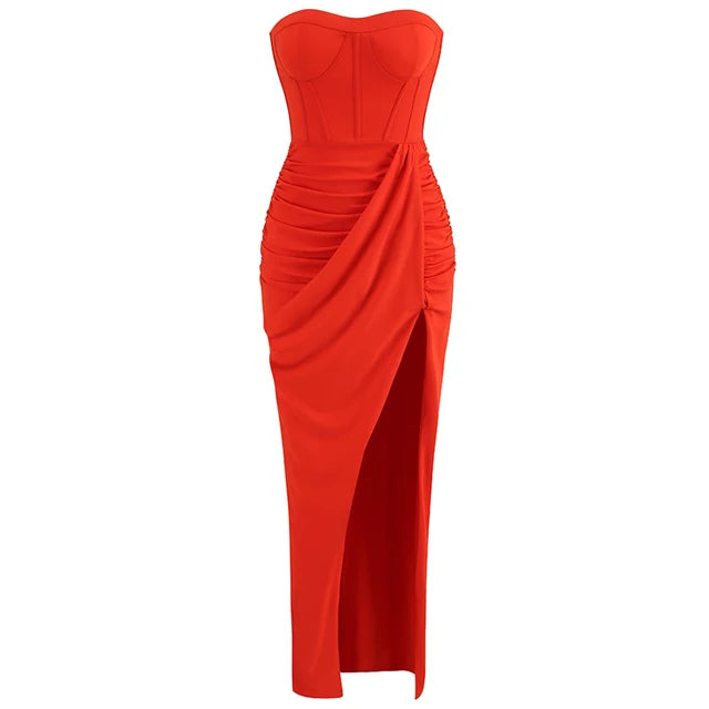 Women's Sexy breast wrapping Dress Red Wrinkled Hem Split Party ceremonial dress Long Dress