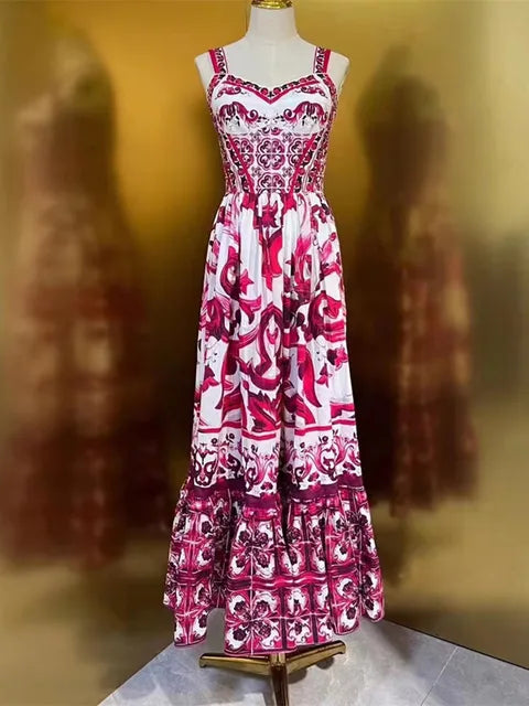 Maxi Dress Women's Spaghetti Strap V Neck Backless Blue And White Porcelain Print Vacation Long Vestido