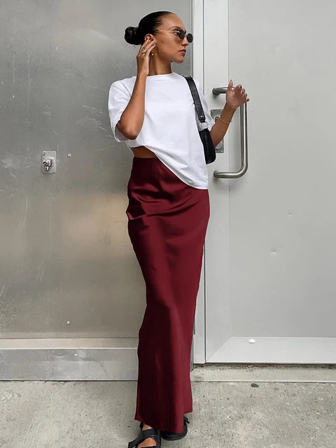 Summer Fall Women Bodycon Solid Black Satin Skirts High Waist Pencil Slim Maxi Skirt For Work Women