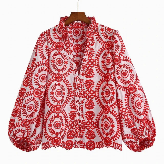 Embroidered Blouse Women Fashion Long Sleeve Blusas Fitted Clothing Female Shirt Slim Lady Top Work Wears