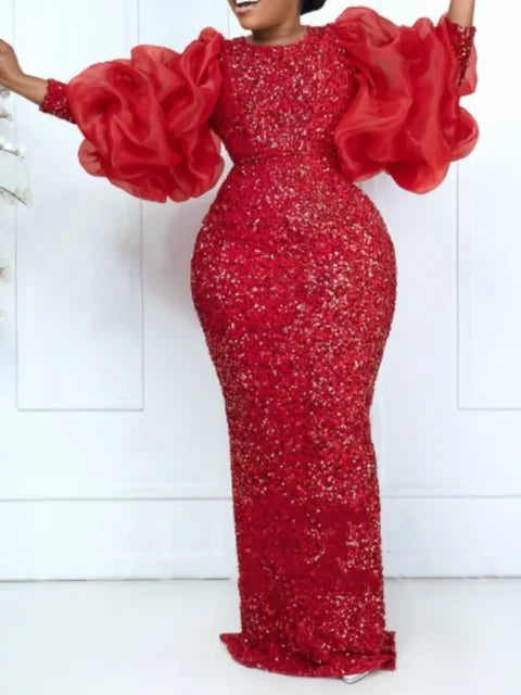 Women Sequin Floor Length Dress Puffy Ruched Long Sleeve Crew Neck Sparkly Glitter Velvet Party Evening Gowns