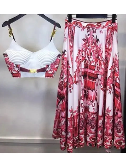 Summer Holiday Blue And White Porcelain Two Piece Set Women's Spaghetti Strap Padded Cup Zipper Print Short Top Long Skirt Suits