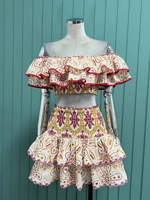 Summer Holiday Embroidery 2 Pieces Sets Women Slash Neck Layered Ruffles Elastic Cut Out Top Mini Skirt Suits Hollow Out Outfits