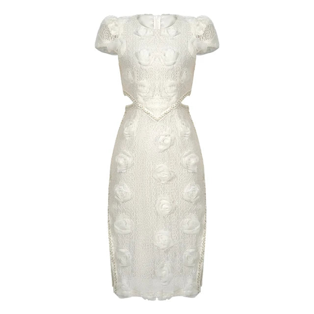 Cocktail Party Knitted Sweet Floral Evening Dress Women Clothes Elegant Sexy Hollow O-Neck Short Sleeve Skinny Midi Party Birthday