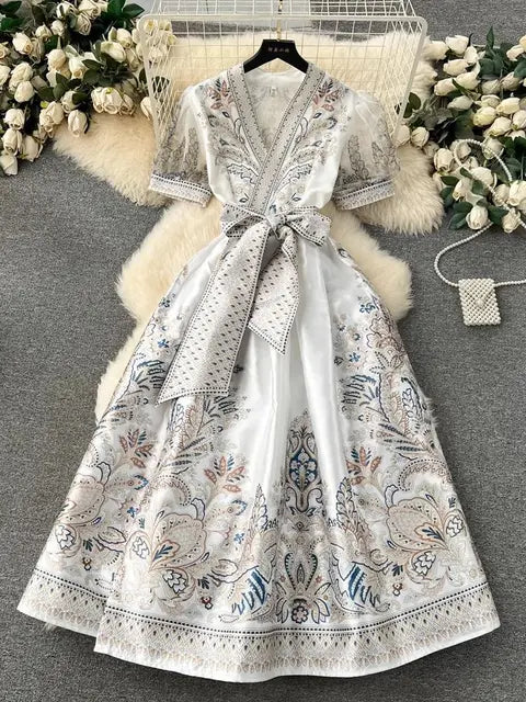 Spring Summer Bohemian Dresses Holiday Short Puff Sleeve Cross V Neck Flower Print Lace Up Robe Clothes