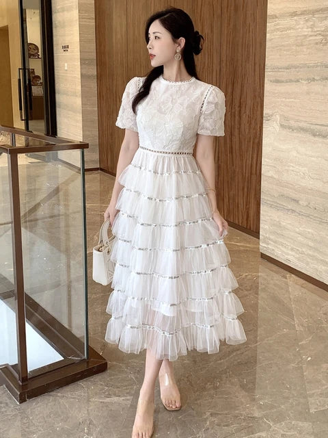 Summer Fairy Princess Mesh Sequined Embroidery Cascading Ruffles Layer Cake Dress Women Clothing Evening