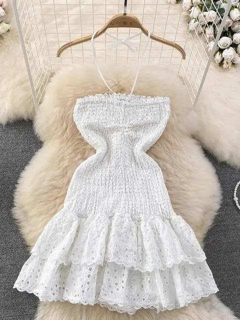 Halter Hollow Out Embroidery Dress Women's Sleeveless Open Back Ruffles Stretch