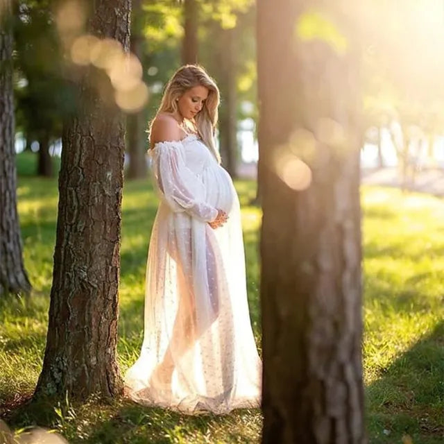 White Dot Tulle Maternity Photography Props Dress See Through Maternity Photo Shoot Long Dress Lantern Sleeve