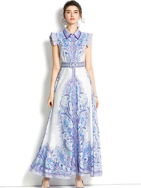 Summer Fashion Runway Maxi Dress Women's Sleeveless Ruffles High Waist Belt Vintage Printed Long