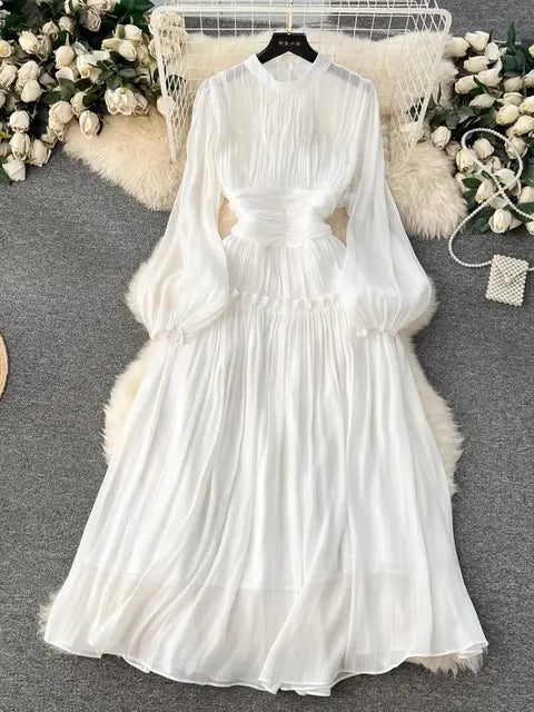 Luxury Folds Wedding Formal Occasion Dresses For Women's Stand Puff Sleeve Chic A-Line Pleated Shine Robe Clothes Holiday