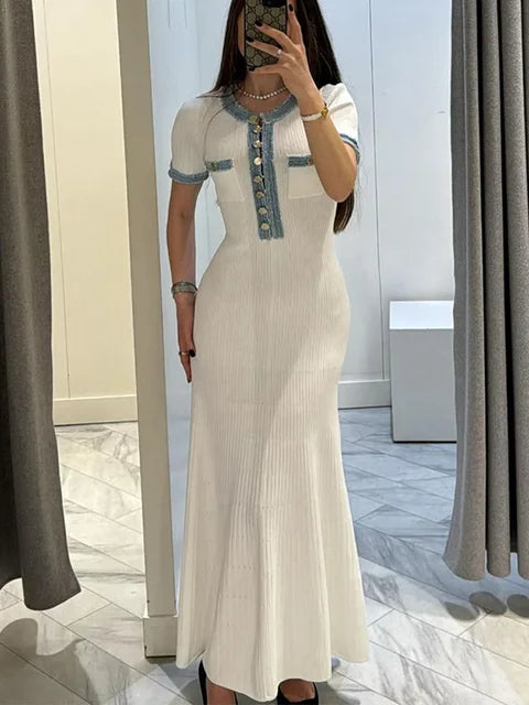 Elegant V Neck Denim Patchwork Knitted Long Dress Women Fashion Short Sleeved Buttons Bodycon Dresses Office Lady