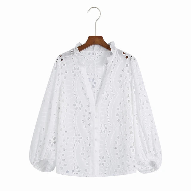 Embroidered Blouse Women Fashion Long Sleeve Blusas Fitted Clothing Female Shirt Slim Lady Top Work Wears